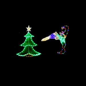 Illuminated Christmas tree with colorful elf
