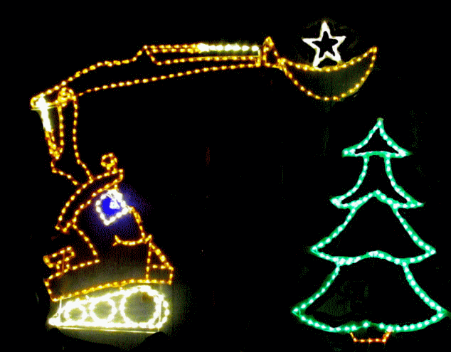 Holiday lights featuring excavator and tree